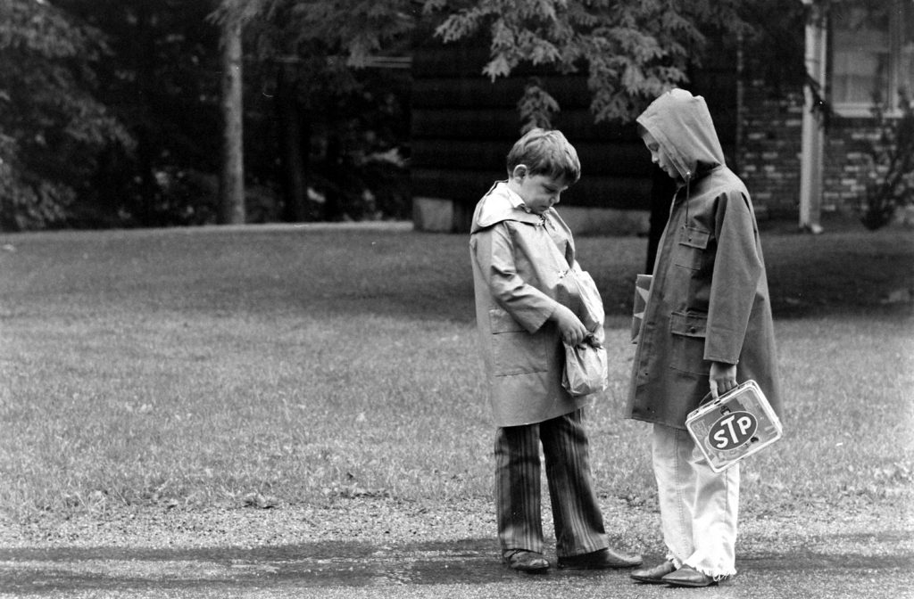 School bus stop, New Jersey, 1971