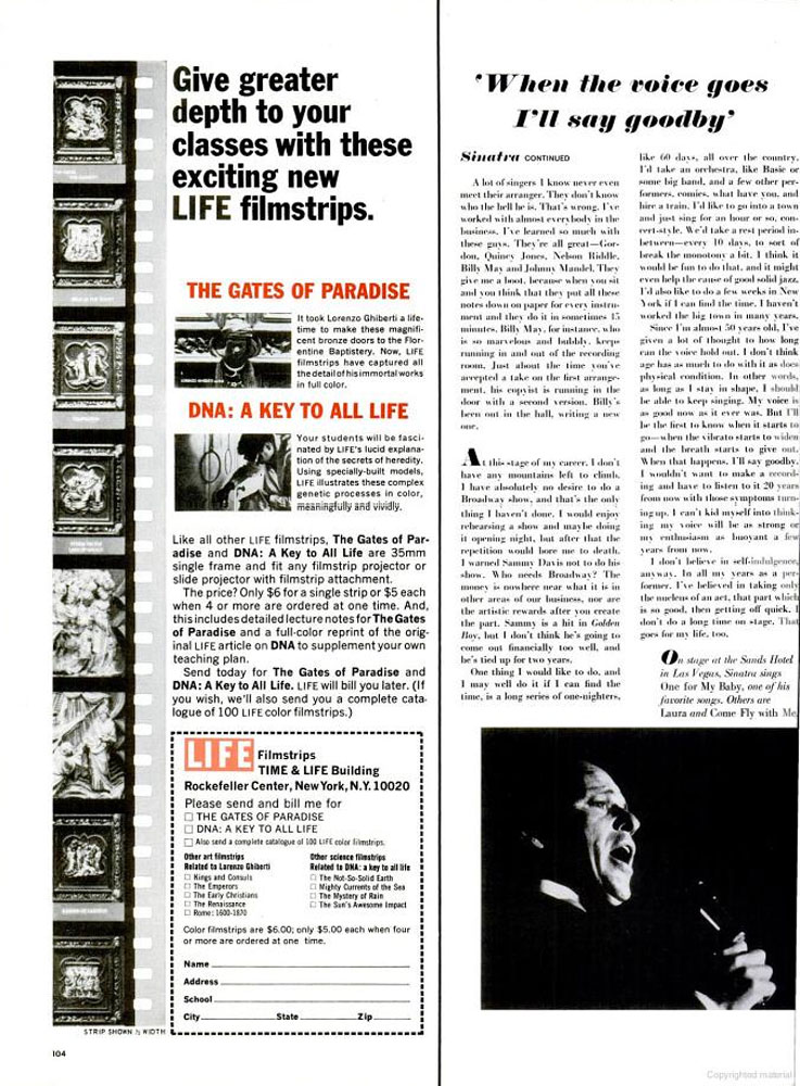 Page spreads for Frank Sinatra feature, LIFE magazine, April 23, 1965.