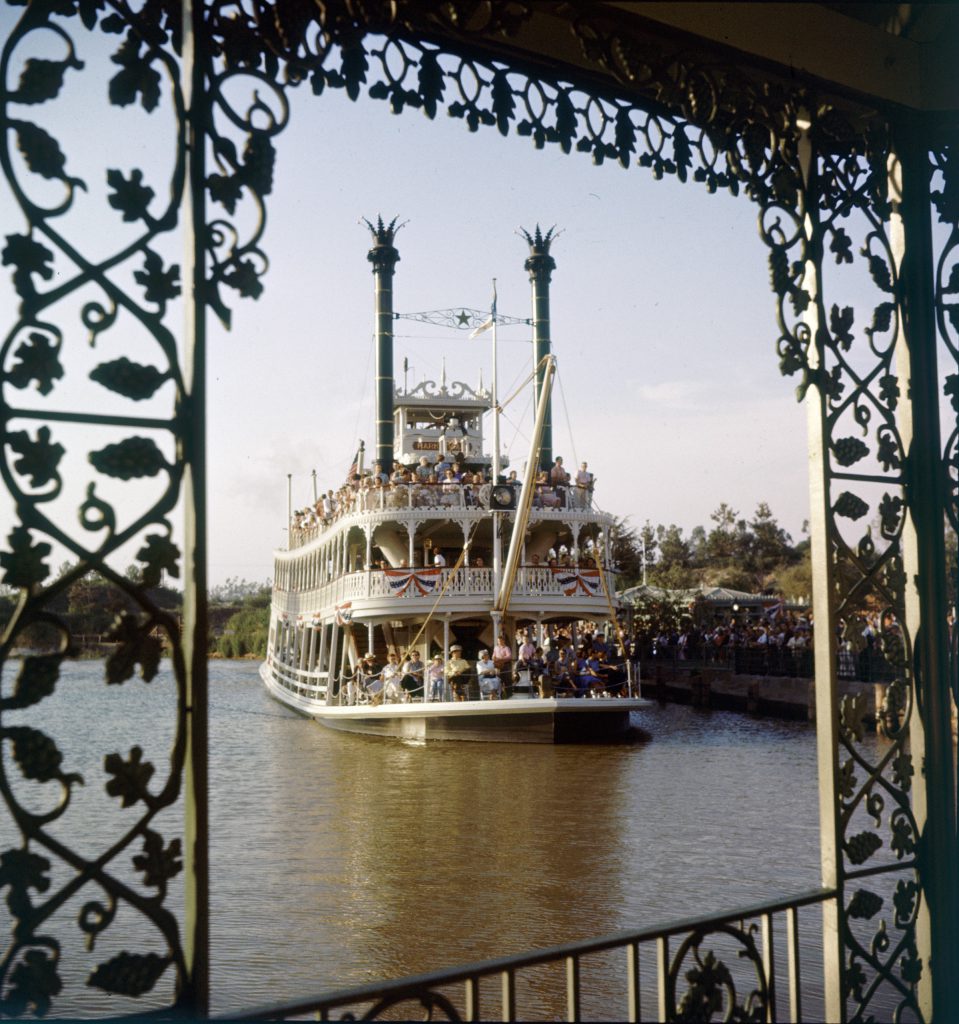 People riding a riverboat at Disneyland Amusement Park, 1955.