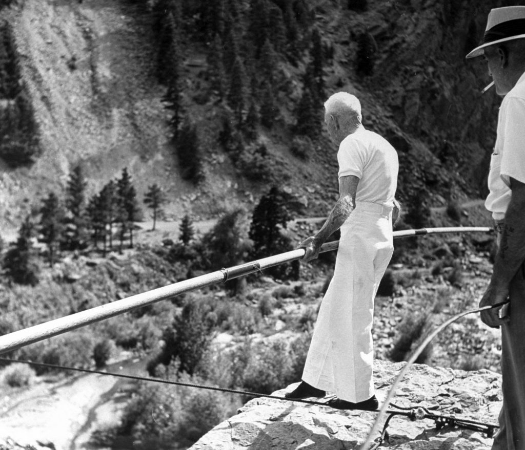 82 year old tightrope walker Ivy Baldwin at Boulder Dam, Colorado, 1948.