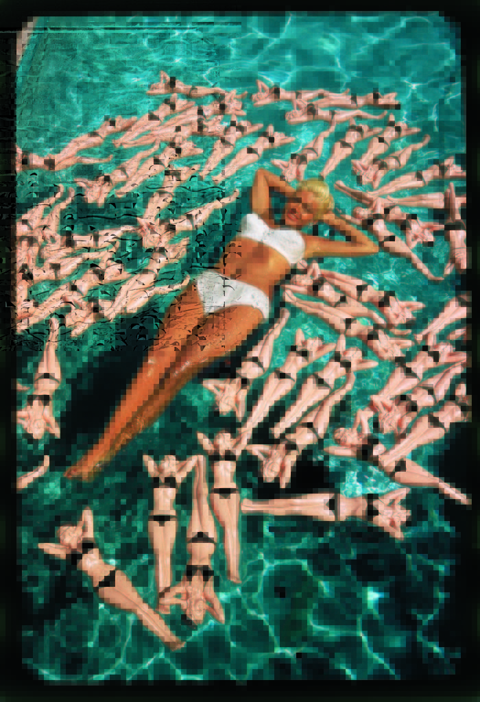 Bikini clad actress Jayne Mansfield posing with shapely bottles floating around her in her pool. (Photo by Allan Grant/The LIFE Picture Collection © Meredith Corporation).