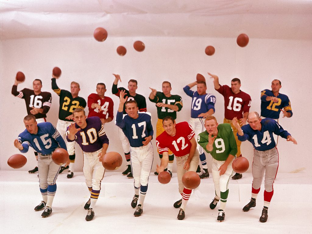 Quarterbacks of the NFL in 1961: (back, L-R) Milt Plum, Bobby Layne, Sam Etcheverry, Bill Wade, Bart Starr, Johnny Unitas, Norm Snead, Zeke Bratkowski; (front, L-R) Jim Ninowski, Fran Tarkenton, Don Meredith, John Brodie, Sonny Jurgensen, Y.A. Tittle.